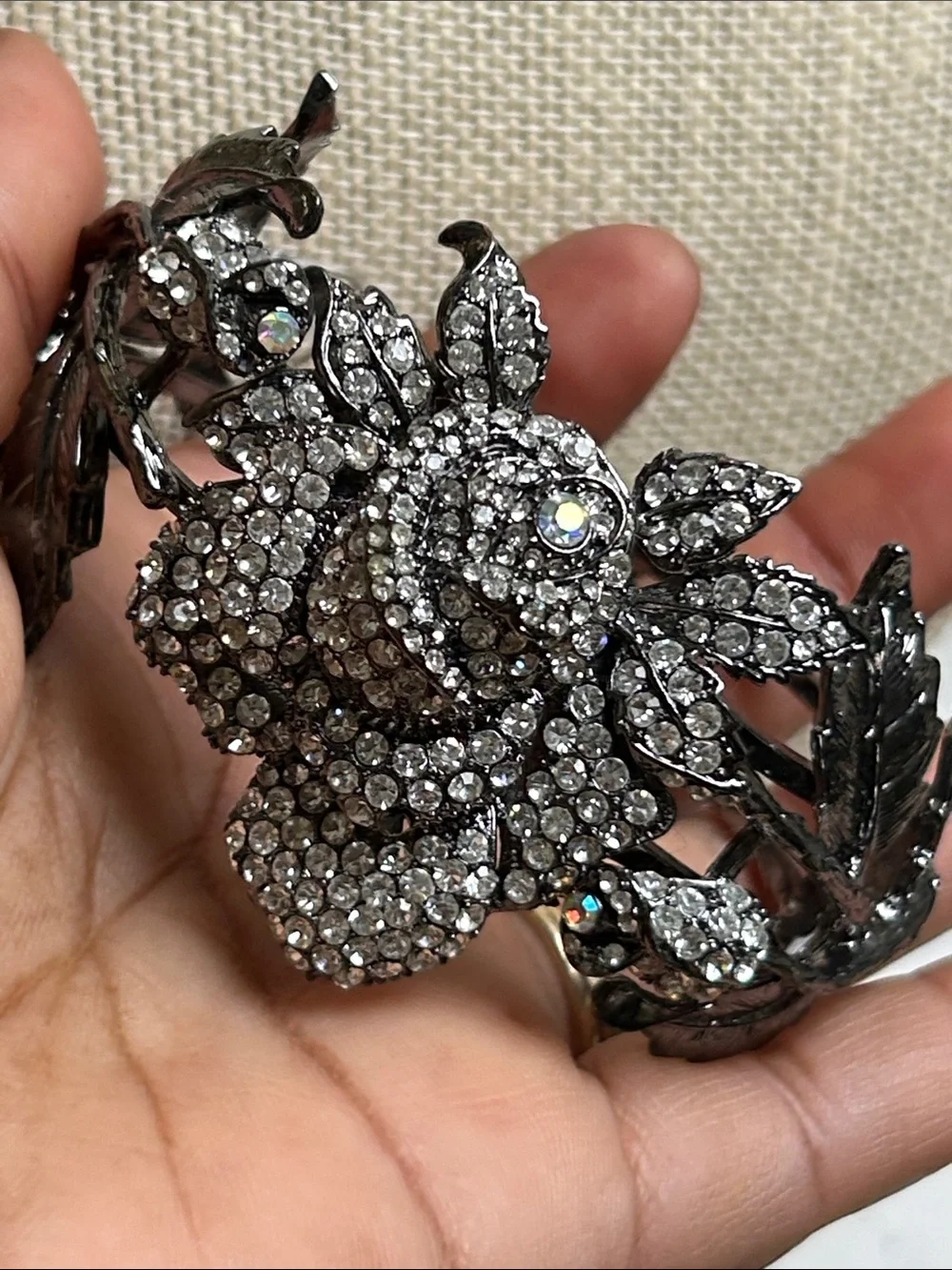 Crystal Floral Statement Bracelet - Gunmetal and Clear Rhinestones